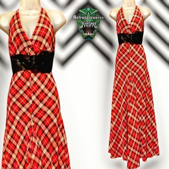 Vintage Grunge Meets Goth Plaid Chiffon & Leather* Halter Maxi Dress, Small